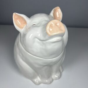 Pier 1 Imports Earthenware Smiling Pig Cookie Jar Farmhouse Hand Painted White
